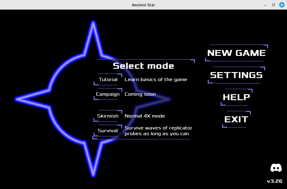 Start new game and mode selection dialog